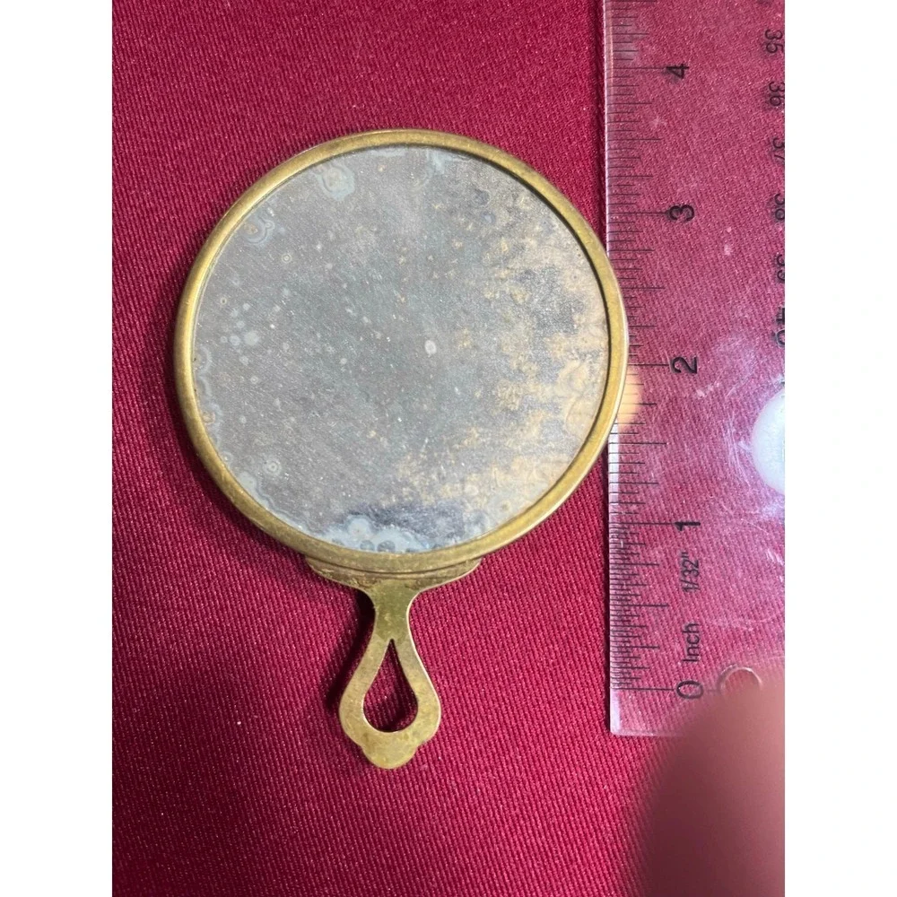 Vintage Germany US Zone Petit Point Hand Mirror Floral Embroidery BrassTone 4.25